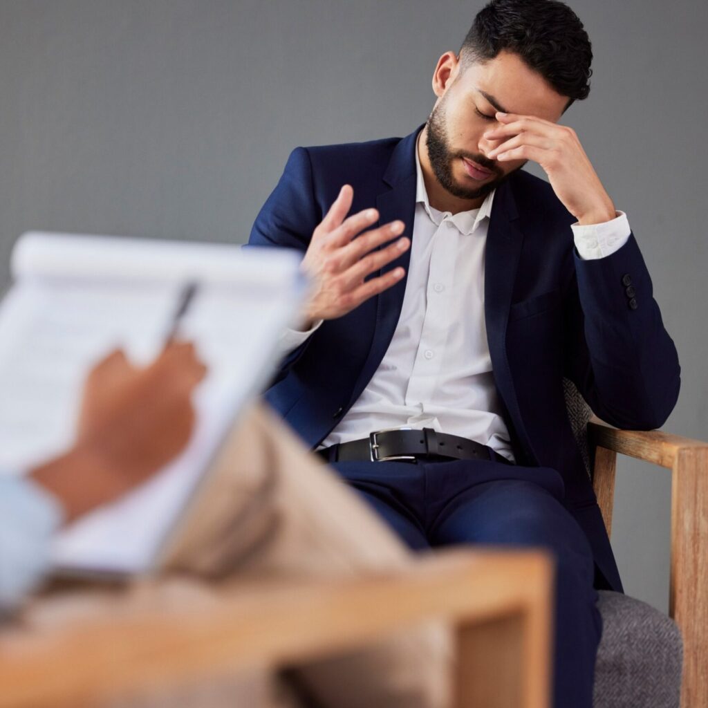 Sad Man Consulting Therapist In Therapy Or Counsel 39HMNFY Scaled 1 1024x1024