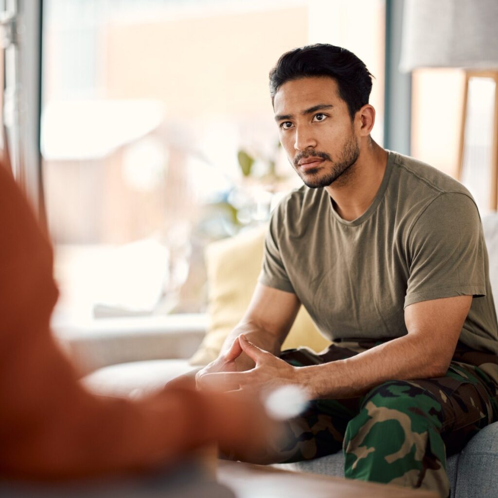 These negative thoughts were seen as outside of conscious control and were called “automatic thoughts.” Support Therapy And A Military Man With A Psycholo NNVNLQ5 Scaled 1 1024x1024